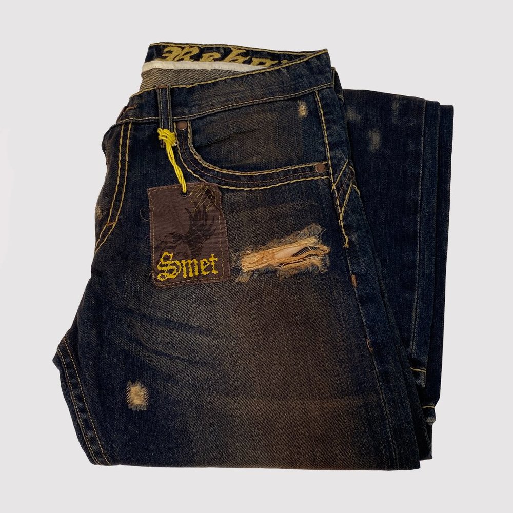 Christian Audigier Smet Reborn Acid Wash Dark Distressed Jeans